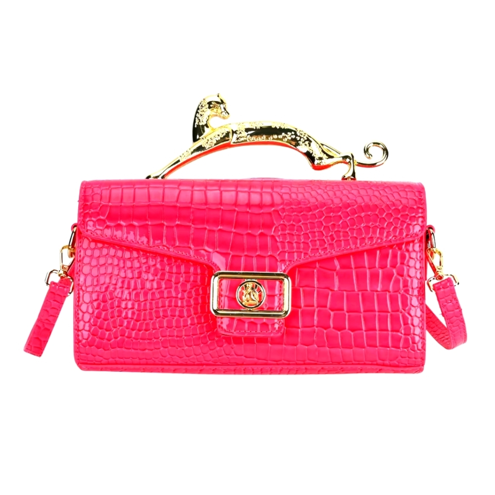 Pink Crocodile-Embossed Faux Leather Handbag with Gold Accents